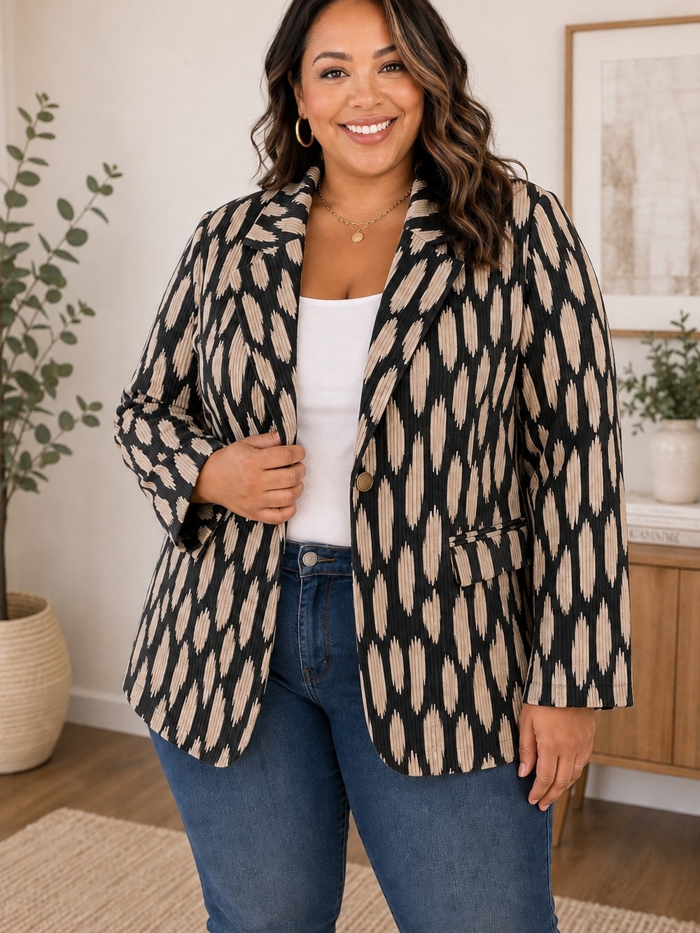 Savanna Jane Black and Beige Patterned Single-Button Blazer - NWT - 3X